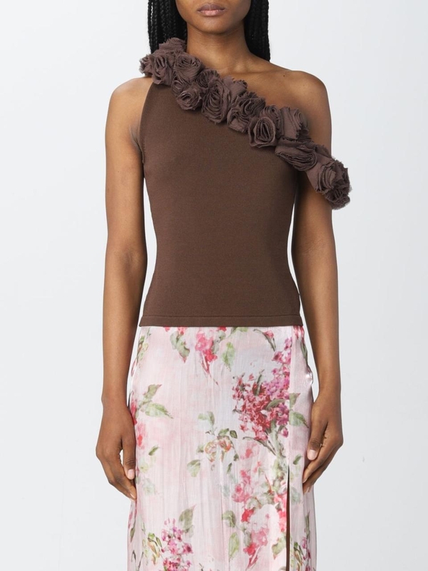 블루마린 SS22 Blumarine One Shoulder Top with Roses 2M190S N0543 Dark Brown