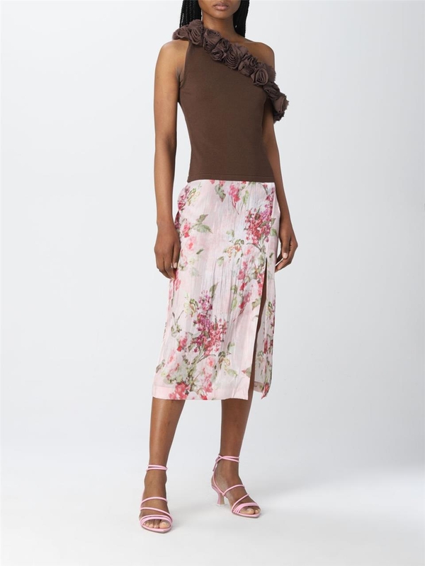 블루마린 SS22 Blumarine One Shoulder Top with Roses 2M190S N0543 Dark Brown