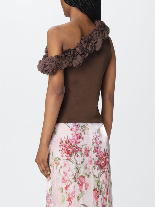 블루마린 SS22 Blumarine One Shoulder Top with Roses 2M190S N0543 Dark Brown