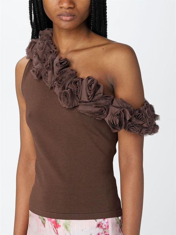 블루마린 SS22 Blumarine One Shoulder Top with Roses 2M190S N0543 Dark Brown