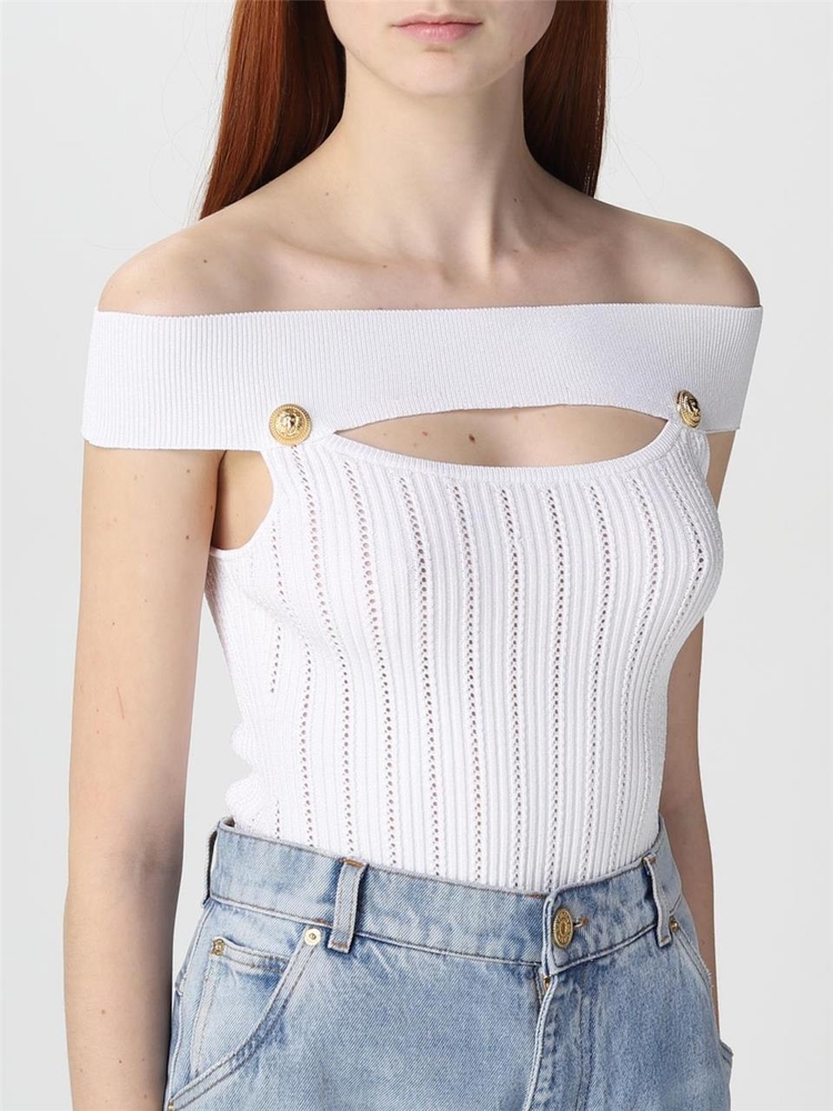 발망 SS23 Balmain knitted bodysuit AF0BC010KE18 0FA White