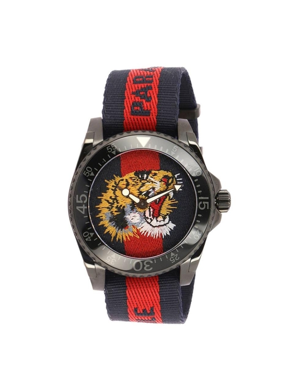 구찌 FW18 The Market of Wonders watch broken 38mm web motif Angry Cat YA136215 Blue