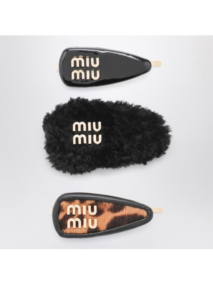 미우미우 FW24 Miu Miu Set of black leather/cowhide/shearling clips 5IF1842C3V Black