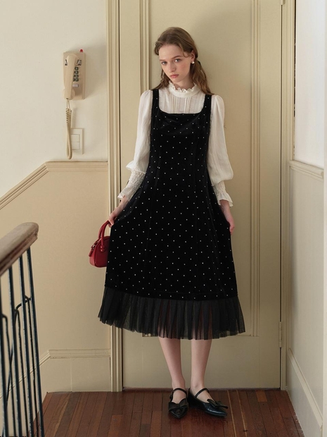 Cest_Mesh polka dot velvet dress