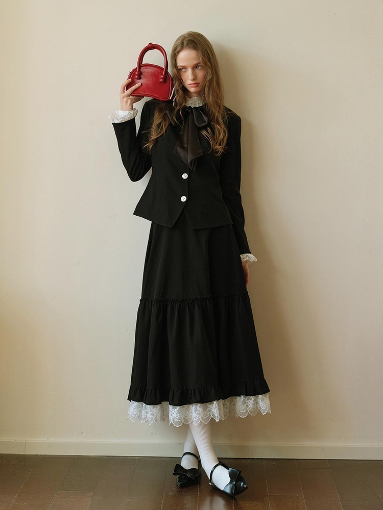 Cest_Lace ribbon collar slim jacket