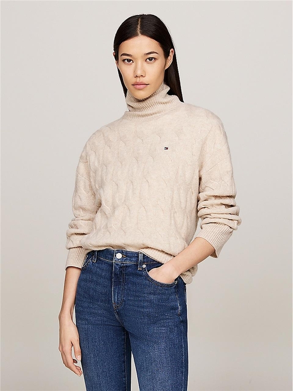 타미 힐피거 FW24 SOFT WOOL CABLE ROLL-NECK SWEATER WW0WW43102 Nude & Neutrals