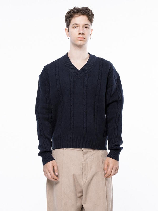 Dense Cable V-neck Kint - Navy /M243TP07NY