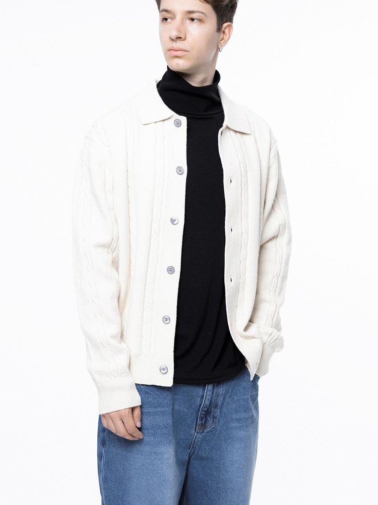 Dense Cable Collar-neck Cardigan - Ivory /M243OT02IV