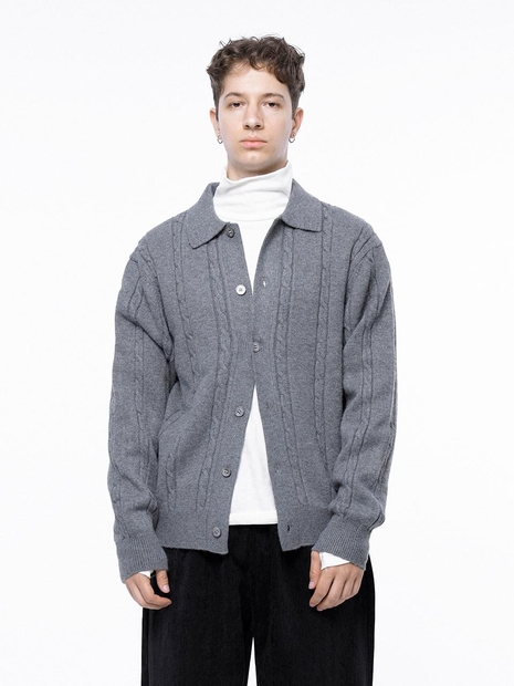 Dense Cable Collar-neck Cardigan - Gray /M243OT02GR