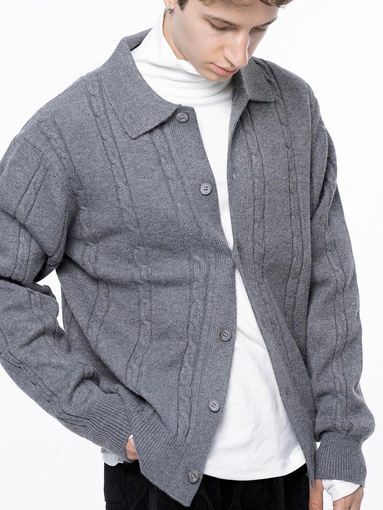 Dense Cable Collar-neck Cardigan - Gray /M243OT02GR