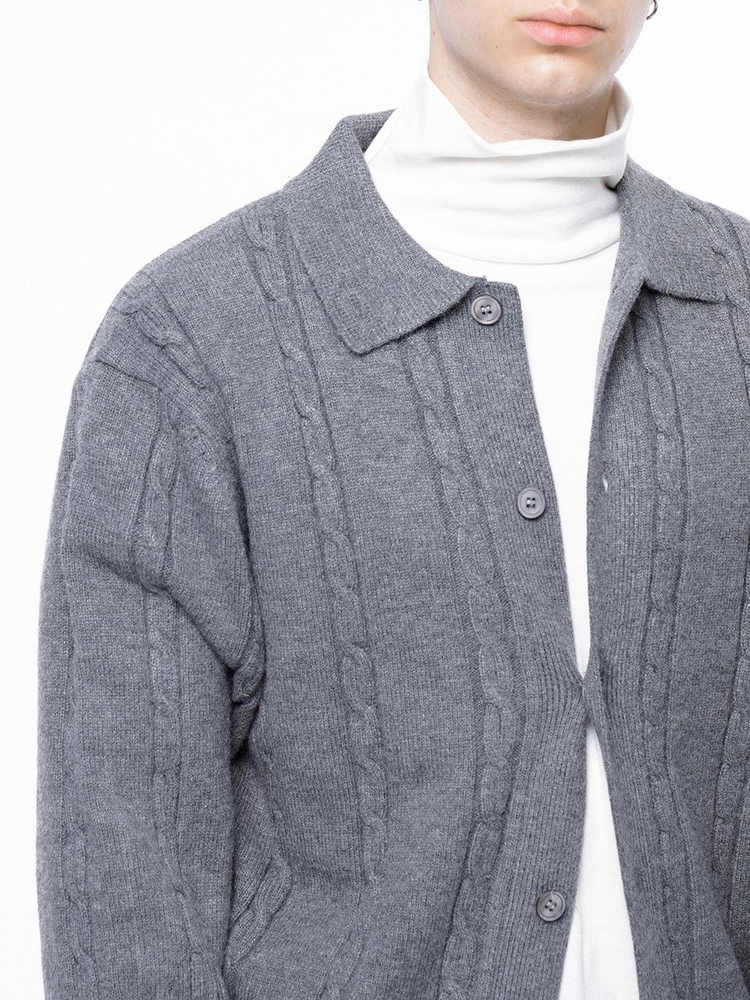 Dense Cable Collar-neck Cardigan - Gray /M243OT02GR