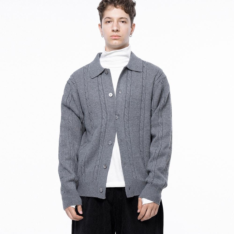 Dense Cable Collar-neck Cardigan - Gray /M243OT02GR