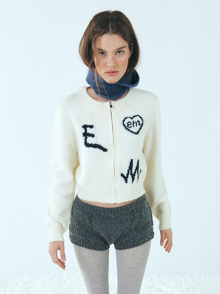 Lettering Zip-Up Knit Cardigan, Ivory