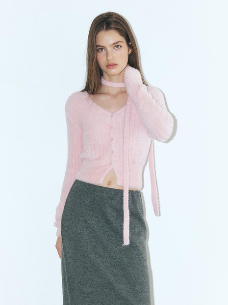 Fluffy Scarf Knit Cardigan, Pink