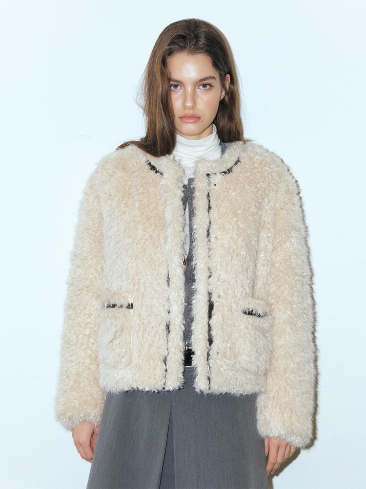 Trimmed Curling Fur Coat, Light Beige