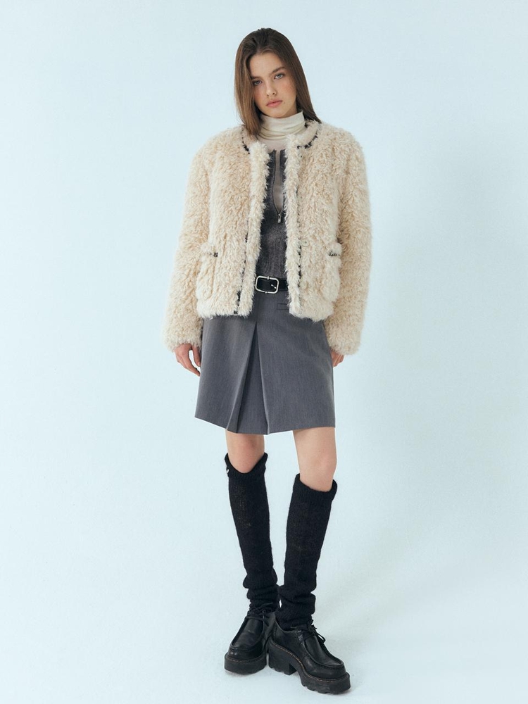 Trimmed Curling Fur Coat, Light Beige