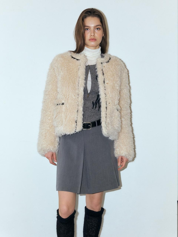 Trimmed Curling Fur Coat, Light Beige