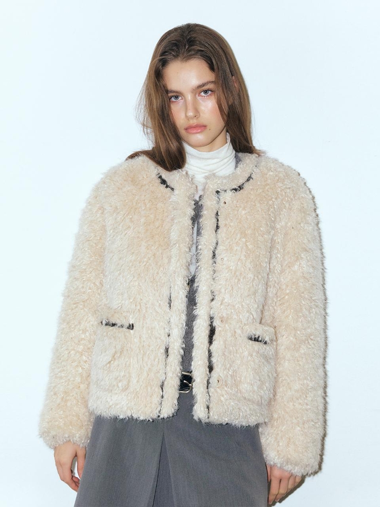 Trimmed Curling Fur Coat, Light Beige