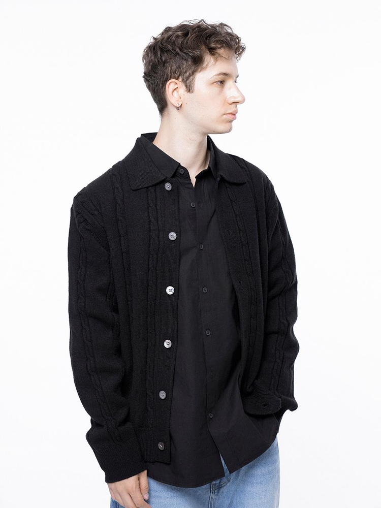 Dense Cable Collar-neck Cardigan - Black /M243OT02BK