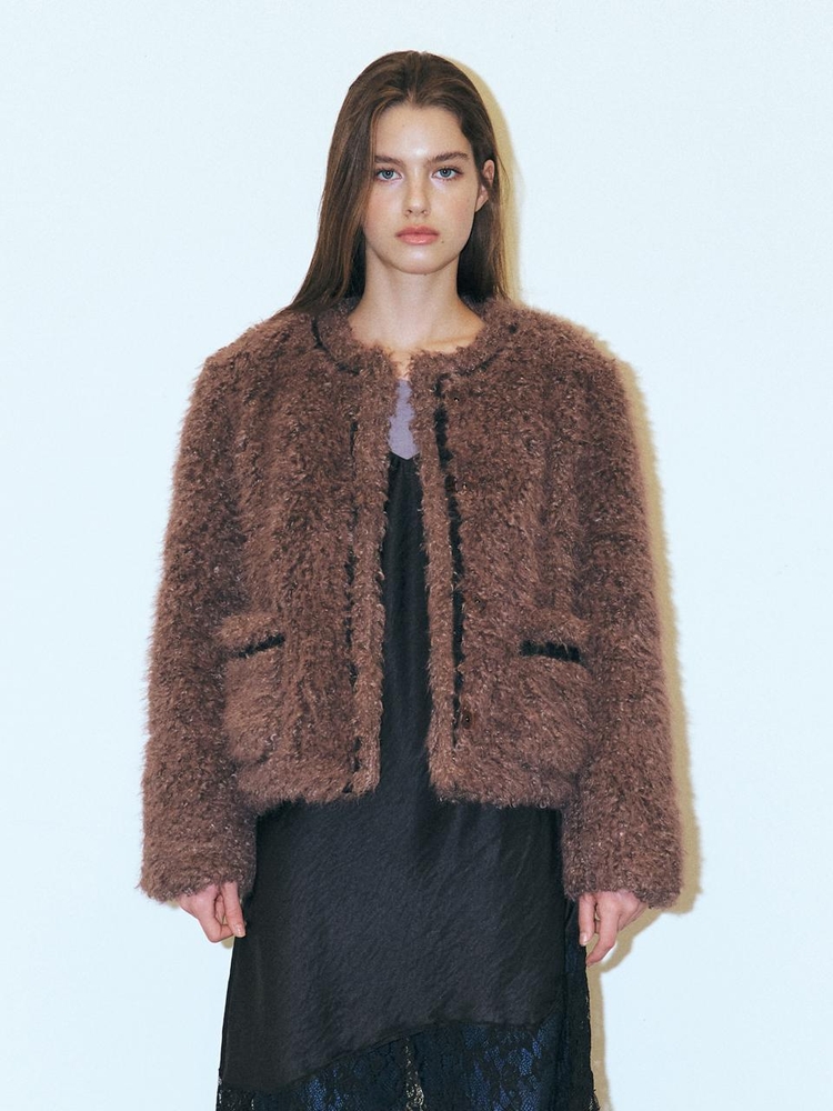 Trimmed Curling Fur Coat, Brown