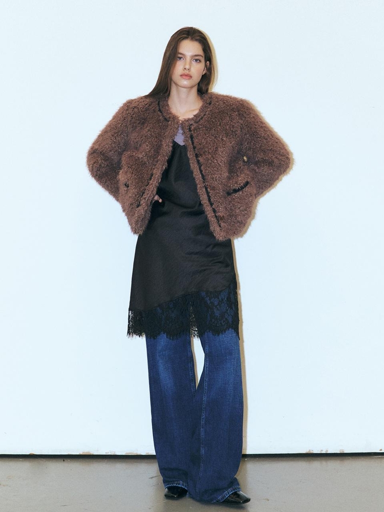 Trimmed Curling Fur Coat, Brown