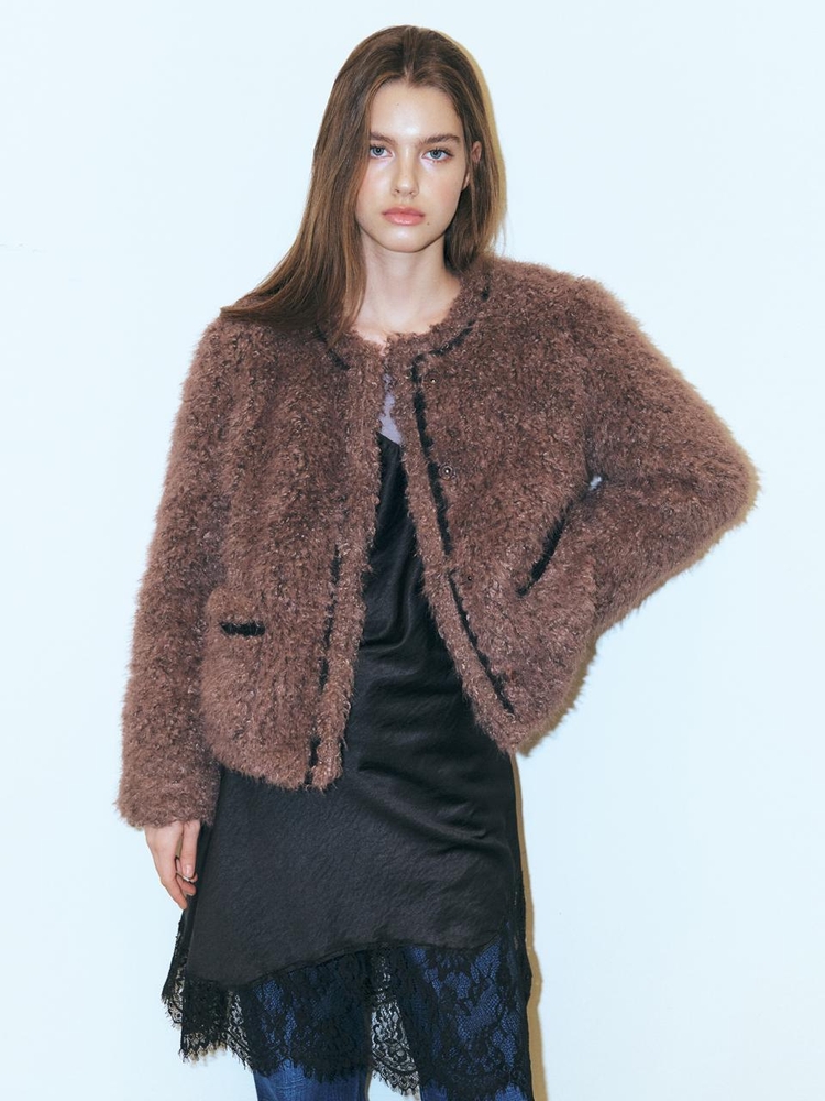 Trimmed Curling Fur Coat, Brown