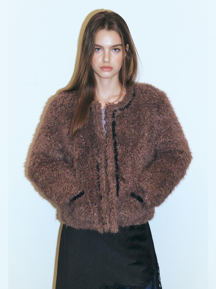 Trimmed Curling Fur Coat, Brown