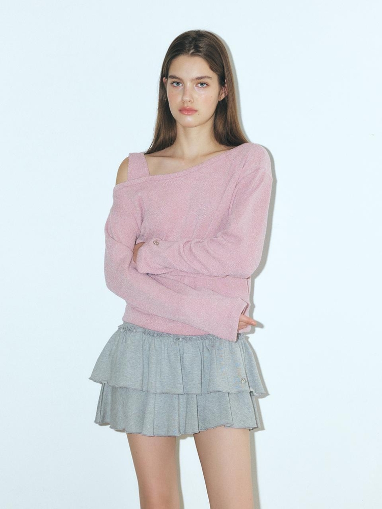 One-Shoulder Knitted T-Shirt, Pink