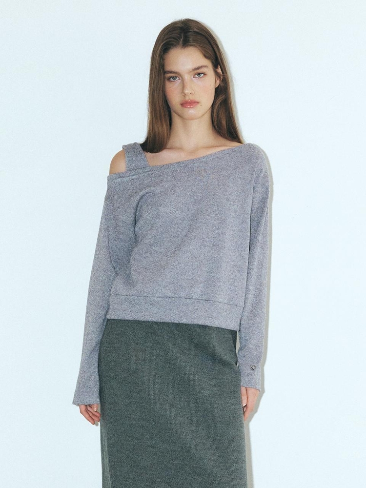 One-Shoulder Knitted T-Shirt, Grey