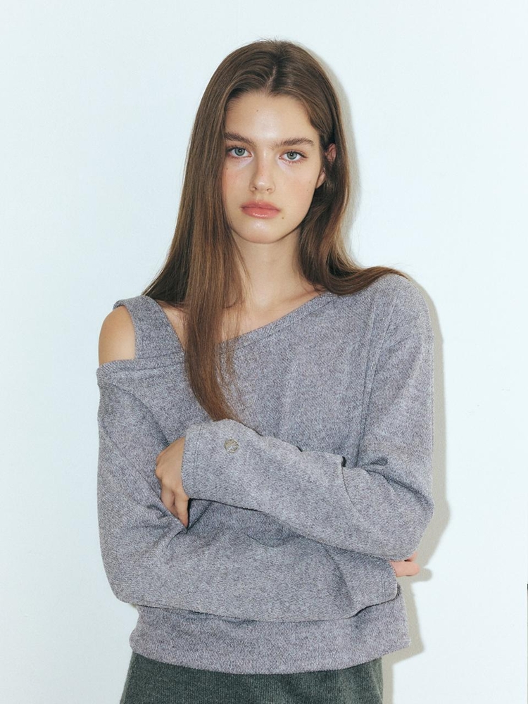 One-Shoulder Knitted T-Shirt, Grey