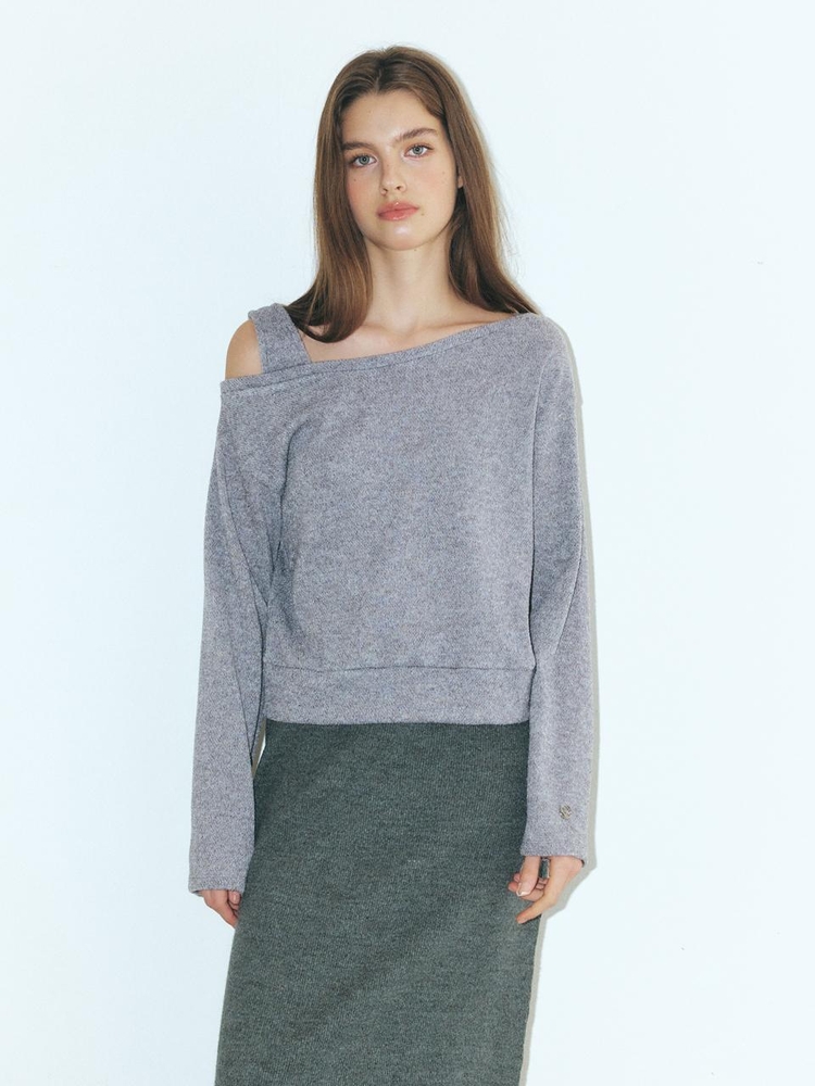 One-Shoulder Knitted T-Shirt, Grey