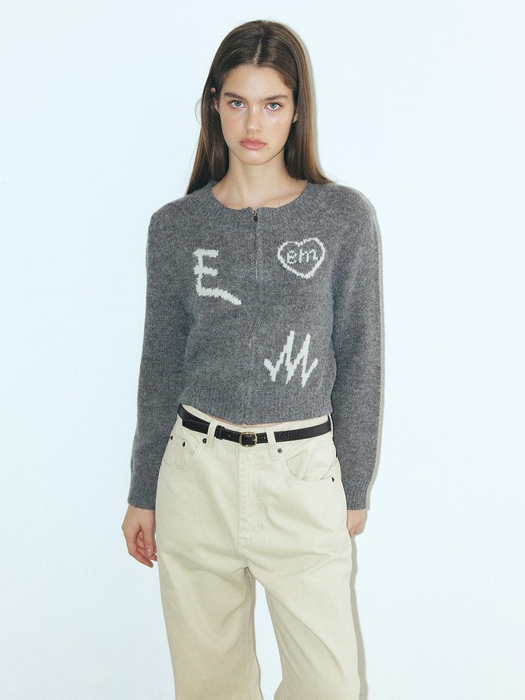 Lettering Zip-Up Knit Cardigan, Grey