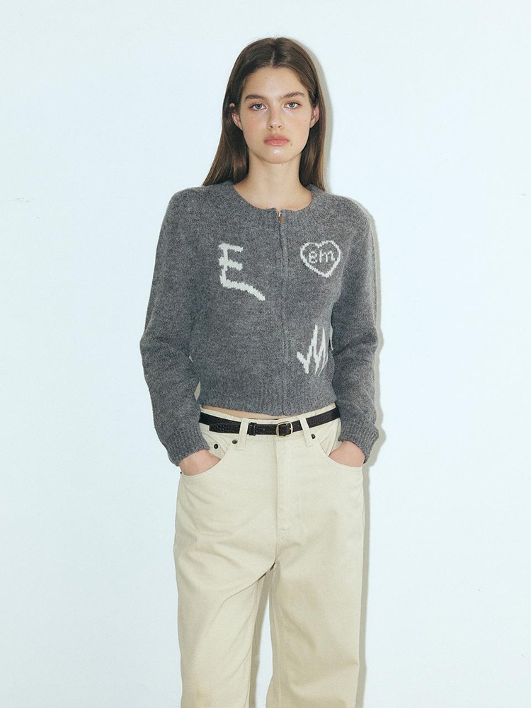 Lettering Zip-Up Knit Cardigan, Grey