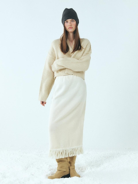 Fringe Knitted Skirt, Ivory