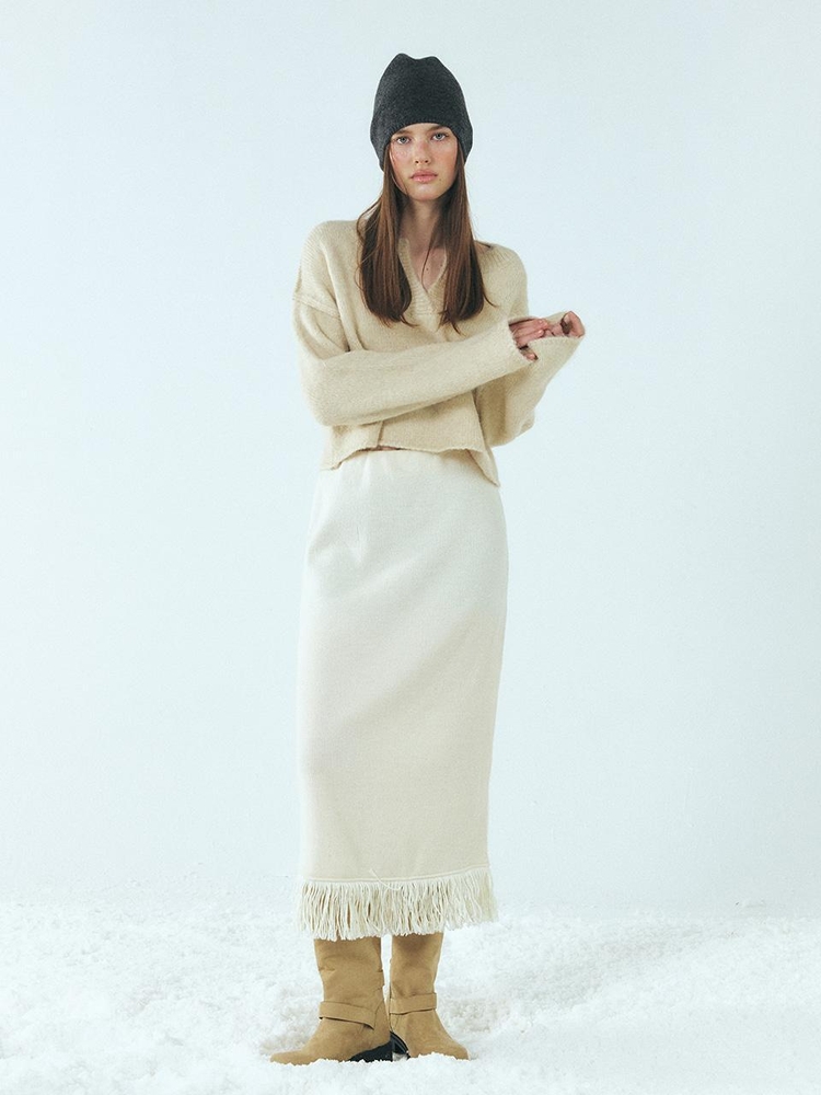 Fringe Knitted Skirt, Ivory