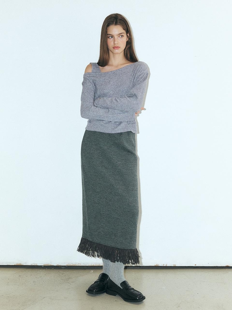 Fringe Knitted Skirt, Grey