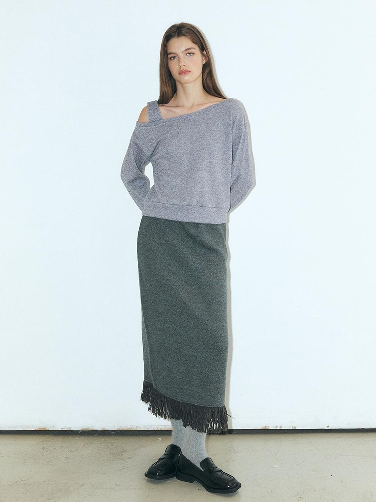 Fringe Knitted Skirt, Grey