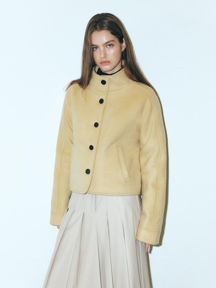 Camel Hair High-Neck Coat, Butter