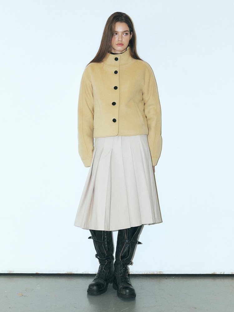 Camel Hair High-Neck Coat, Butter