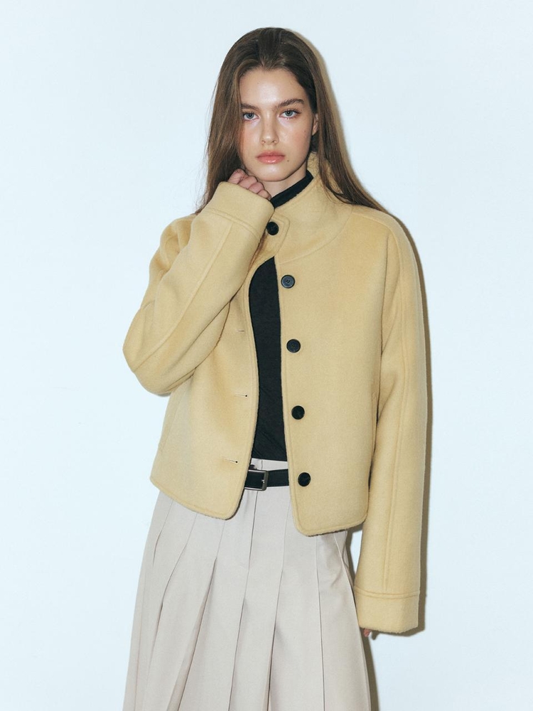 Camel Hair High-Neck Coat, Butter