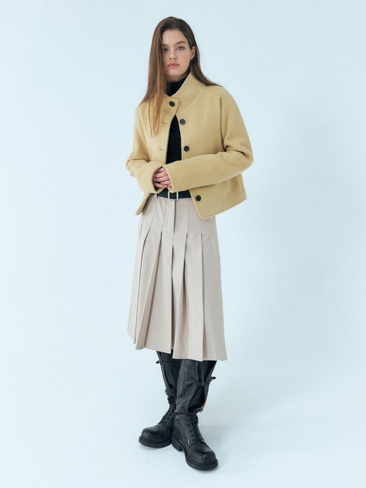 Camel Hair High-Neck Coat, Butter