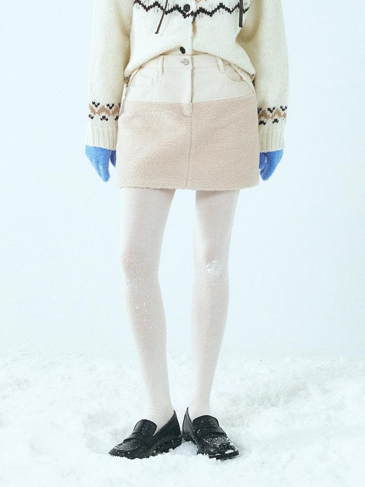 Mixed Shearling Mini Skirt, Cream