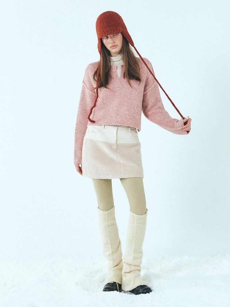 Mixed Shearling Mini Skirt, Cream