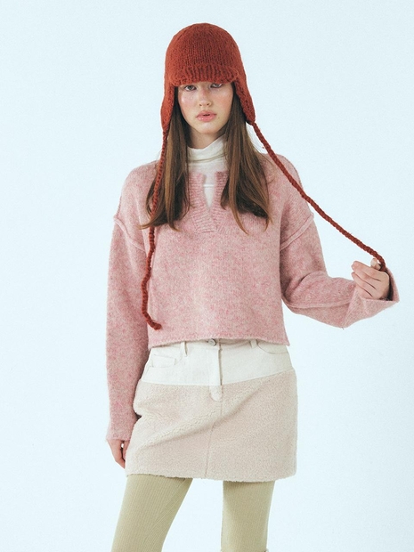 Neck-Slit Knit Pullover, Pink