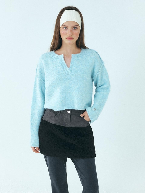 Neck-Slit Knit Pullover, Light Blue