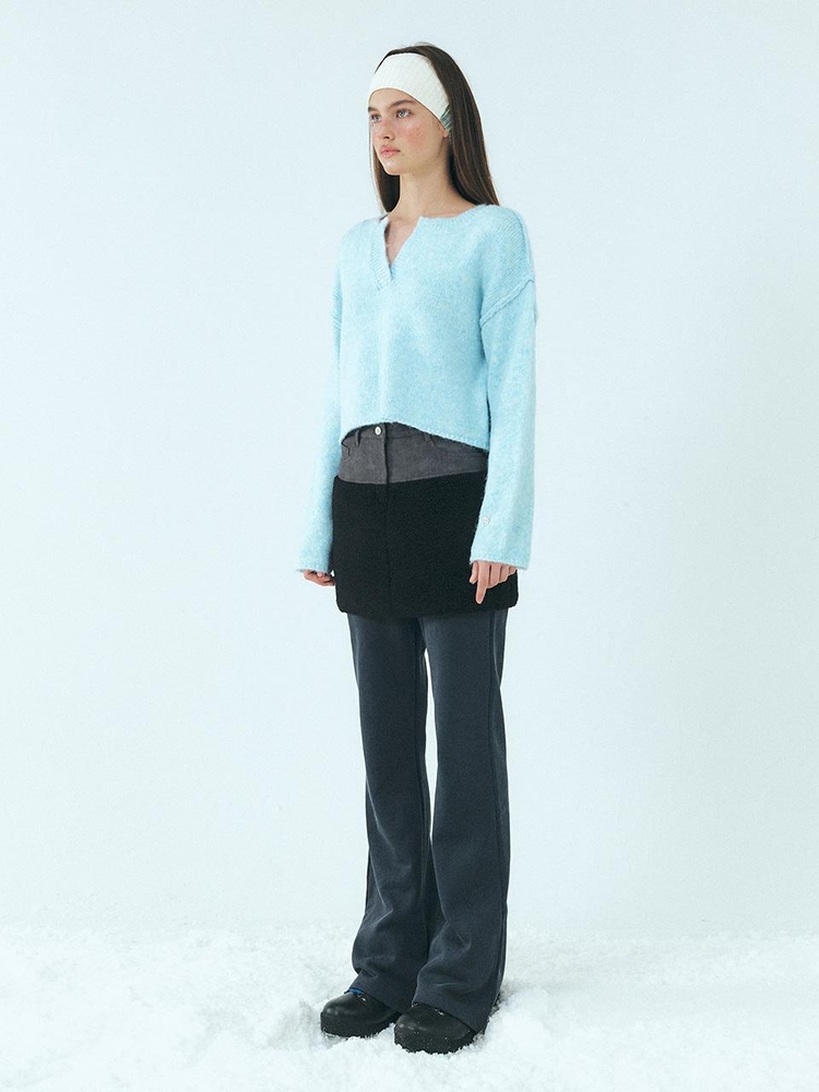 Neck-Slit Knit Pullover, Light Blue