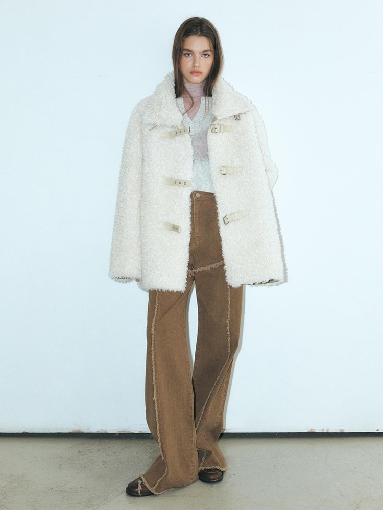 Buckle Shearling Mustang Coat, Ivory