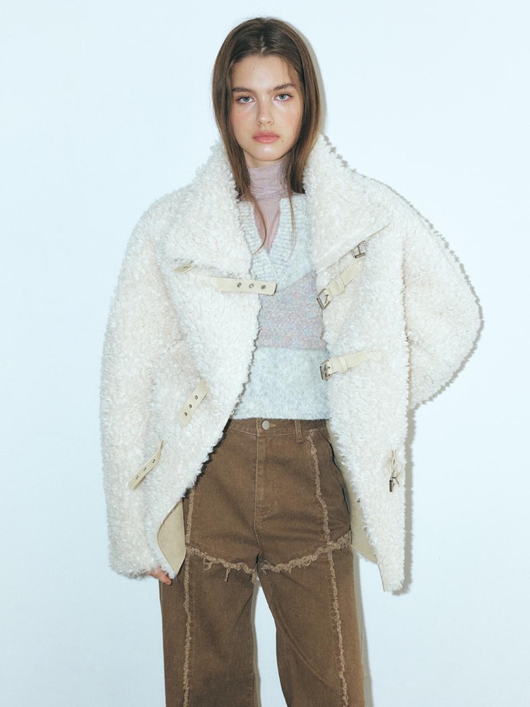 Buckle Shearling Mustang Coat, Ivory