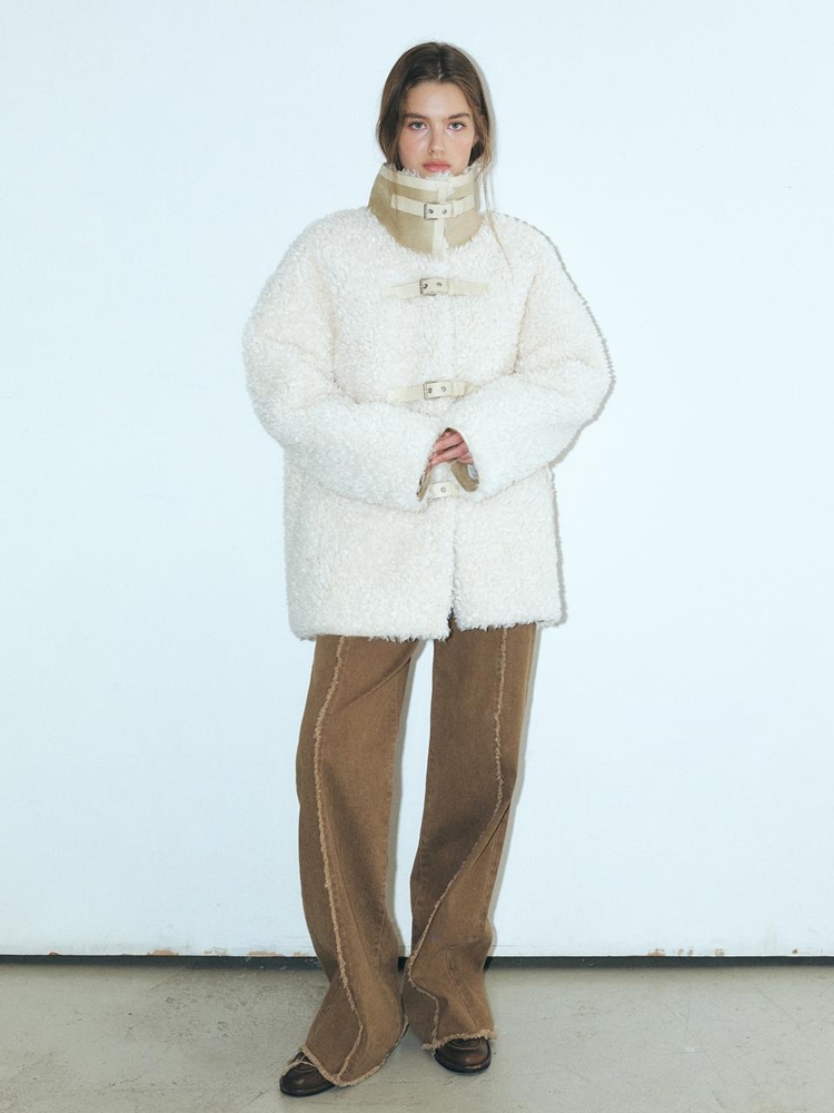 Buckle Shearling Mustang Coat, Ivory