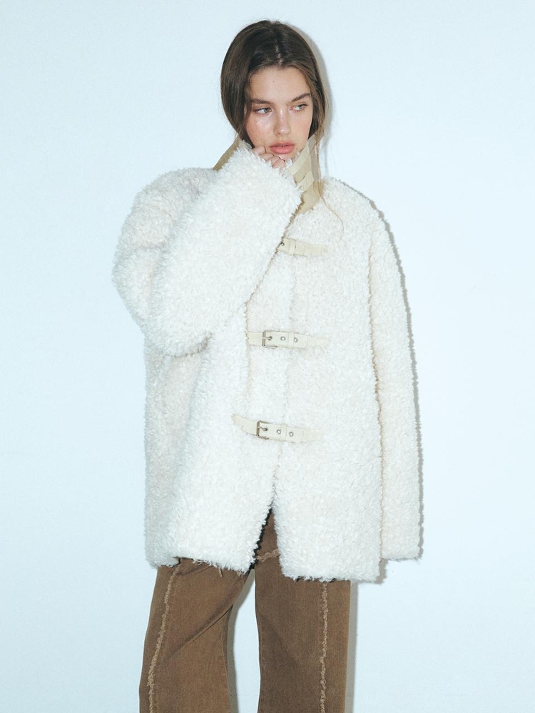 Buckle Shearling Mustang Coat, Ivory